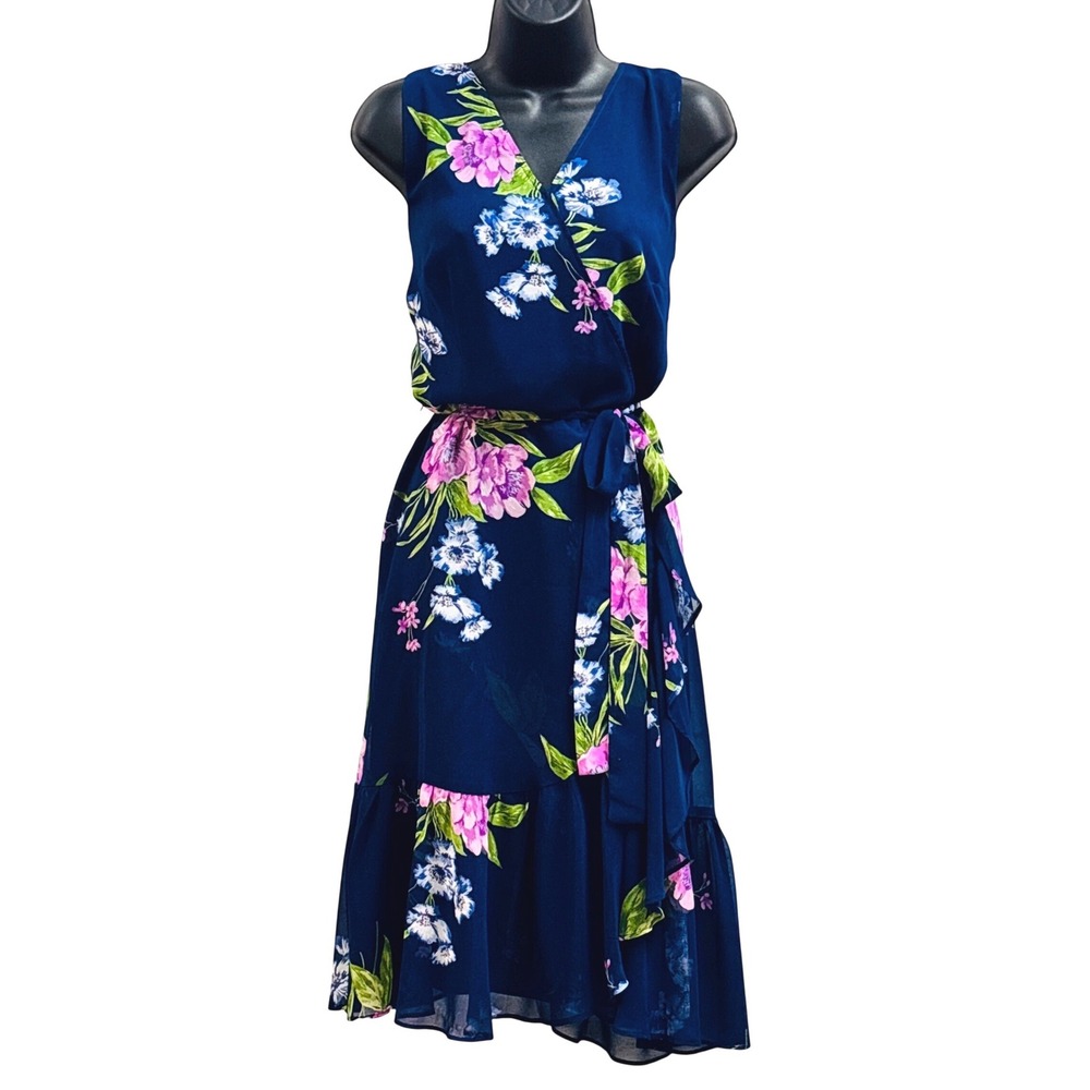 Talbots Petite Navy Blue Floral Wrap Dress Sleeveless Ruffle Hem Size 14P